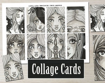Printable Collage Cards Sheet PDF of 8 Hand Drawn Grey Tone Girls Faces,  Digital Collage Sheets and Graphics by Windy Iris