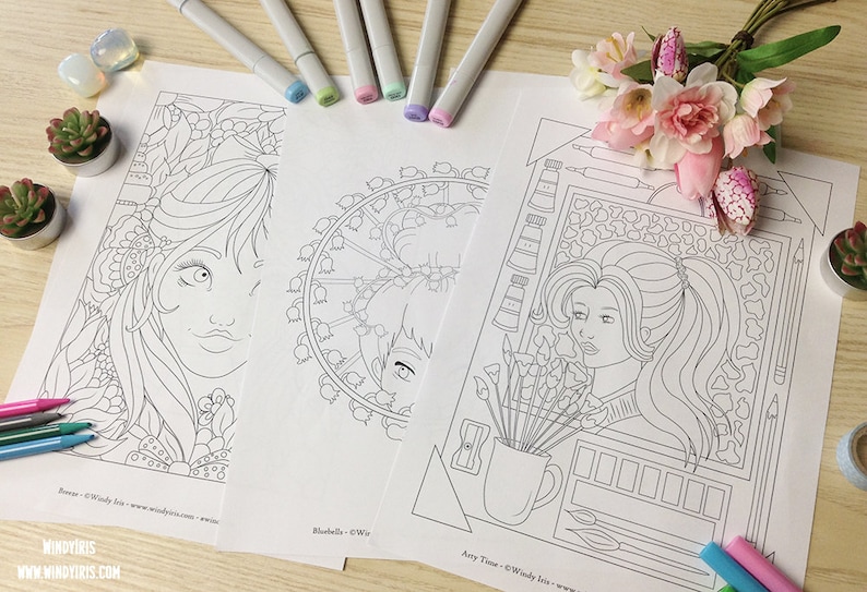 Breeze Digital Coloring Book PDF with 19 Printable Coloring Pages of Whimsical Girls Line Art to Color by Windy Iris image 4