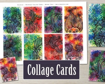 Printable Galaxies Collage Cards Sheet PDF of 8 Hand Drawn Colorful Galaxy Girls, Digital Collage Sheets and Graphics - Windy Iris