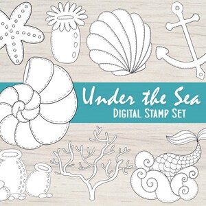 Bajo el mar, sirenas, sirenas, conchas marinas, conjunto de sellos digitales con tema oceánico de 8 diseños para álbumes de recortes, colorear, diario de arte, fabricación de tarjetas