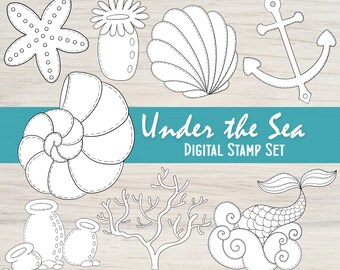 Könnte beinhalten: Ein Set mit schwarzen und weißen digitalen Stempeln, die verschiedene Meeresbewohner und Objekte zeigen, darunter einen Seestern, eine Muschel, eine Meerjungfrau, Korallen und einen Anker. Der Text "Under the Sea Digital Stamp Set" ist auf blauem Hintergrund dargestellt.