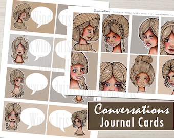 Printable Journal Cards PDF of 16 Hand Drawn Vintage Girls Faces with Speech Bubbles, Digital Collage Sheet and Journaling Cards- Windy Iris