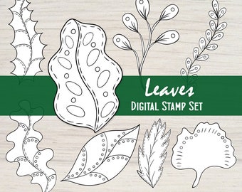 Leaves Digital Stamp Set of 8 Black and White Nature Focal Points for your Mixed Media, Scrapbooking, Coloring, Art Journal, Card Making