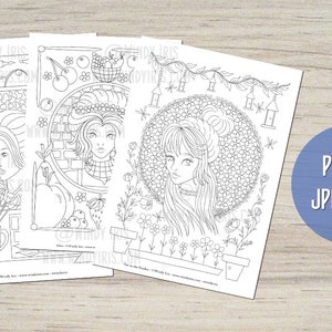 K&ouml;nnte beinhalten: Drei Schwarzwei&szlig;-Malvorlagen mit Illustrationen von Frauen mit Blumen und anderen Details. Die Seiten sind mit "Alice im Wunderland", "Maler den Garten" und "Jederzeit" betitelt.