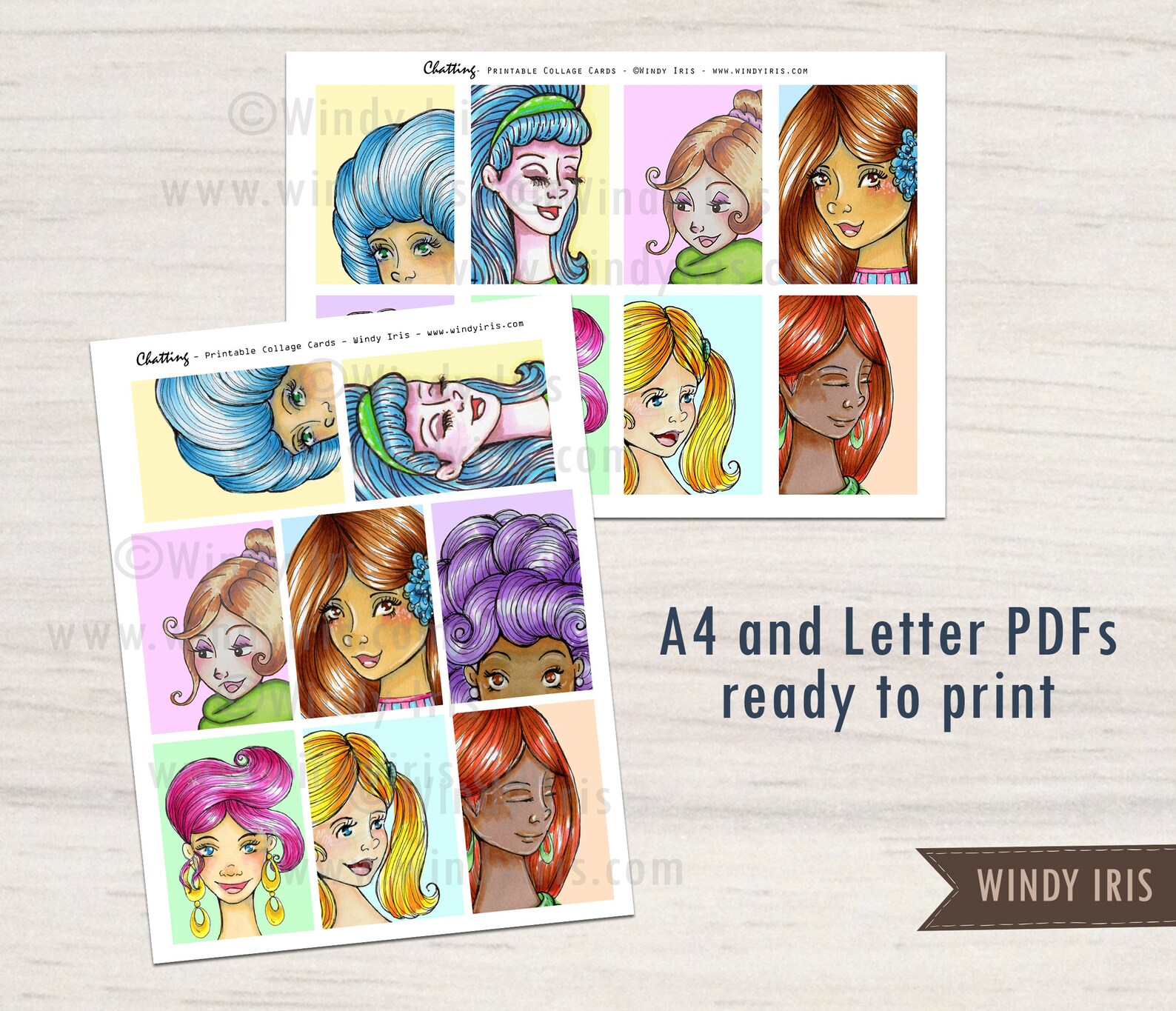Printable Journal Cards PDF of 16 Hand Drawn Colorful Girls Faces With ...