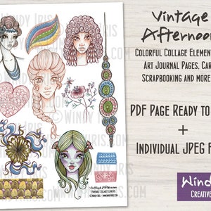 Vintage Afternoon Printable Collage Elements Sheet PDF of 12 Hand Drawn Collage Graphics, Digital Collage Sheets by Windy Iris image 2