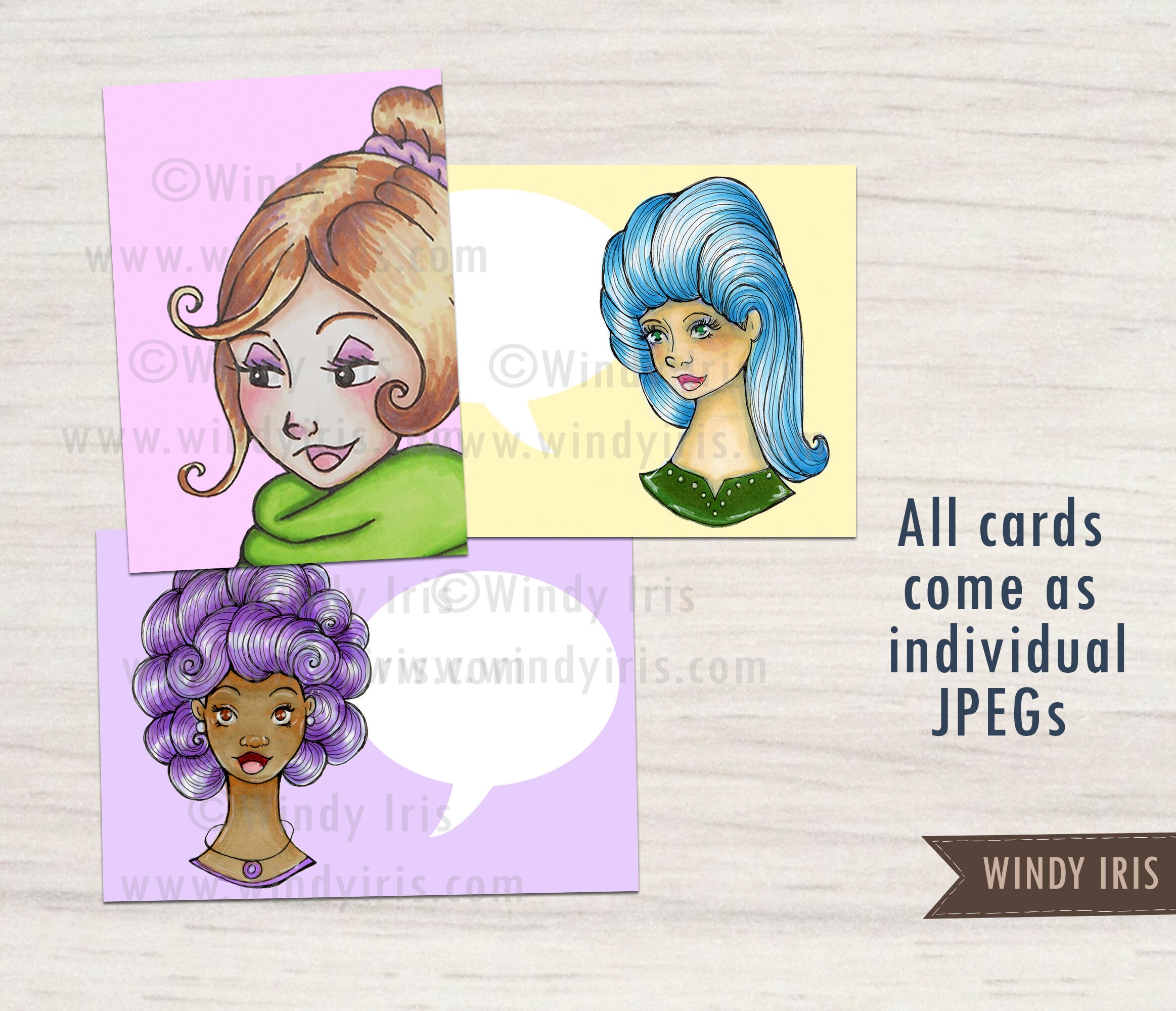 Printable Journal Cards PDF of 16 Hand Drawn Colorful Girls Faces With ...