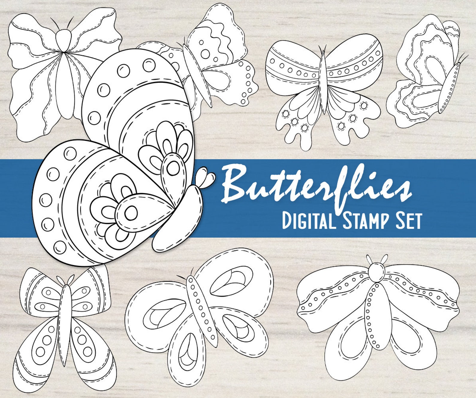 Butterflies Digital Stamp Set of 8 Black and White Butterfly Focal ...