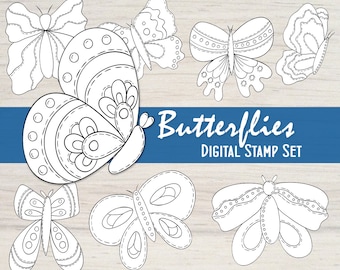 Butterflies Digital Stamp Set of 8 Black and White Butterfly Focal Points for your Mixed Media, Scrapbooking, Coloring and Art Journal
