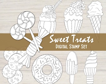 Sweet Treats Digital Stamp Set of 8 Black and White Focal Points for your Mixed Media, Scrapbooking, Coloring, Art Journal, Card Making