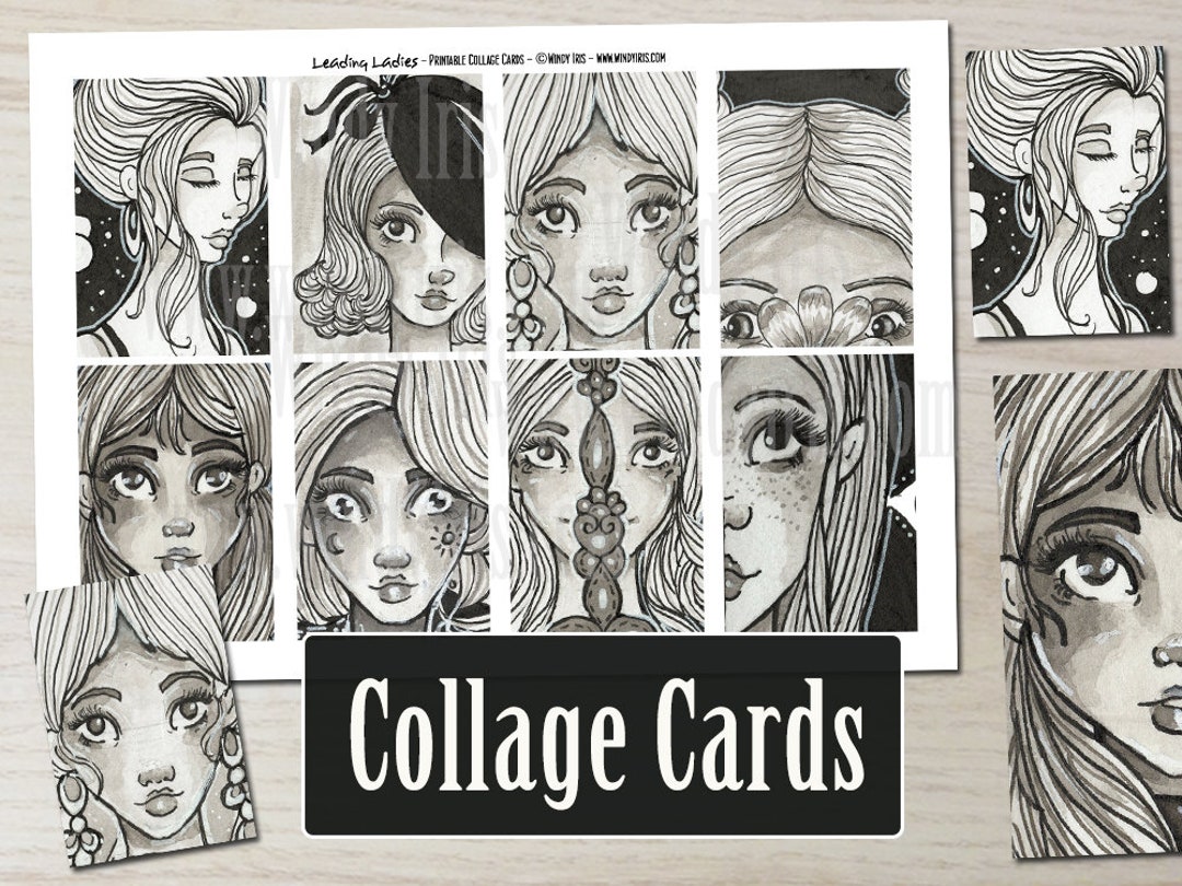 Printable Collage Cards Sheet PDF of 8 Hand Drawn Grey Tone Girls Faces ...