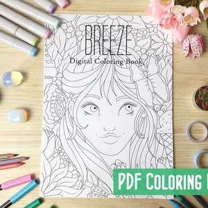 Breeze Digital Coloring Book PDF with 19 Printable Coloring Pages of Whimsical Girls Line Art to Color by Windy Iris image 1