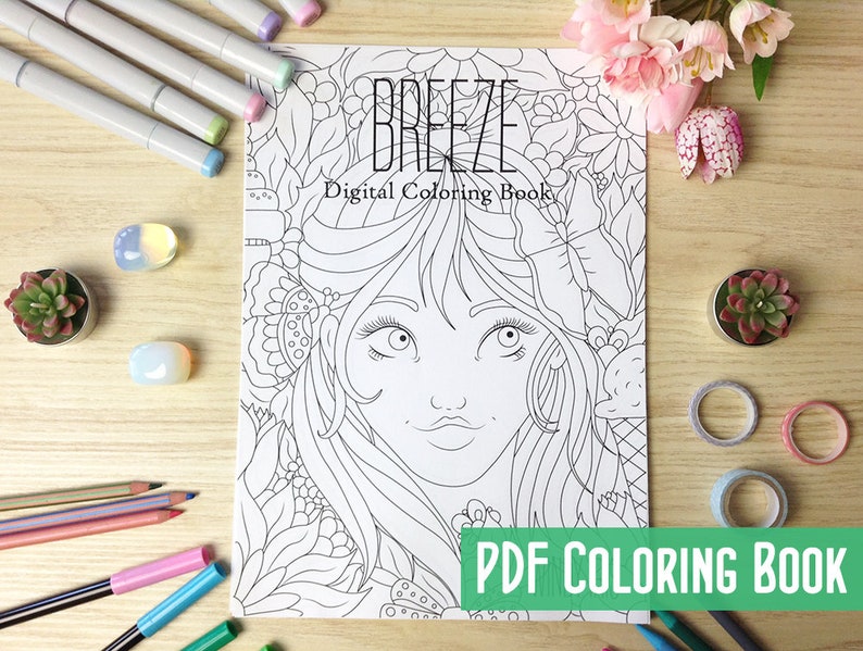 K&ouml;nnte beinhalten: Ein Schwarzwei&szlig;-Digitales Malbuch mit dem Titel "BREEZE Digital Coloring Book" und dem Text "PDF COLORING BOOK" am unteren Rand. Das Cover zeigt eine detaillierte Illustration einer Frau mit Blumen im Haar.
