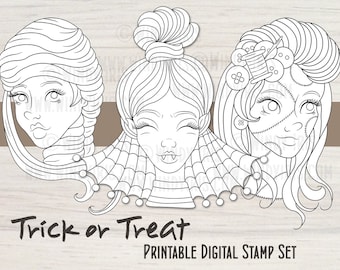Mummy, Vampire and Rag Doll Digital Stamp Set - 3 Black and White Halloween Embellishments for Mixed Media, Coloring, Art Journal, Cards