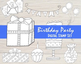Birthday Party Digital Stamp Set of 8 Black and White Focal Points for your Mixed Media Scrapbooking Coloring Art Journal and Card Making