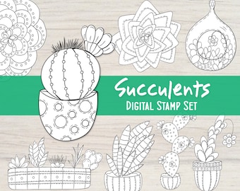 Könnte beinhalten: Ein digitaler Stempel-Set mit Schwarzweiß-Illustrationen von Sukkulenten in verschiedenen Töpfen. Das Set enthält eine Vielzahl von Sukkulentenformen und -größen, darunter einen Kaktus, eine Rosette und eine hängende Sukkulente. Der Text "Succulents DIGITAL STAMP SET" ist im Bild enthalten.