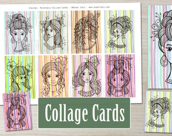 Printable Collage Cards Sheet PDF of 8 Hand Drawn Colorful Girls Faces, Digital Collage Sheets and Graphics for Mixed Media by Windy Iris