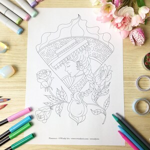 K&ouml;nnte beinhalten: Eine Schwarz-Wei&szlig;-Zeichnung zum Ausmalen, die eine Frau mit einem F&auml;cher, einer Rose und Bl&auml;ttern zeigt. Der Text "Flamenco - &copy; Windy Iris - www.windyiris.com - #windyiris" befindet sich am unteren Rand der Seite.