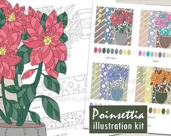 DIY Illustration Project Kit  - Color and Cut out to Create Your own Poinsettia Artwork - Holiday Craft Kit, Christmas Craft Project