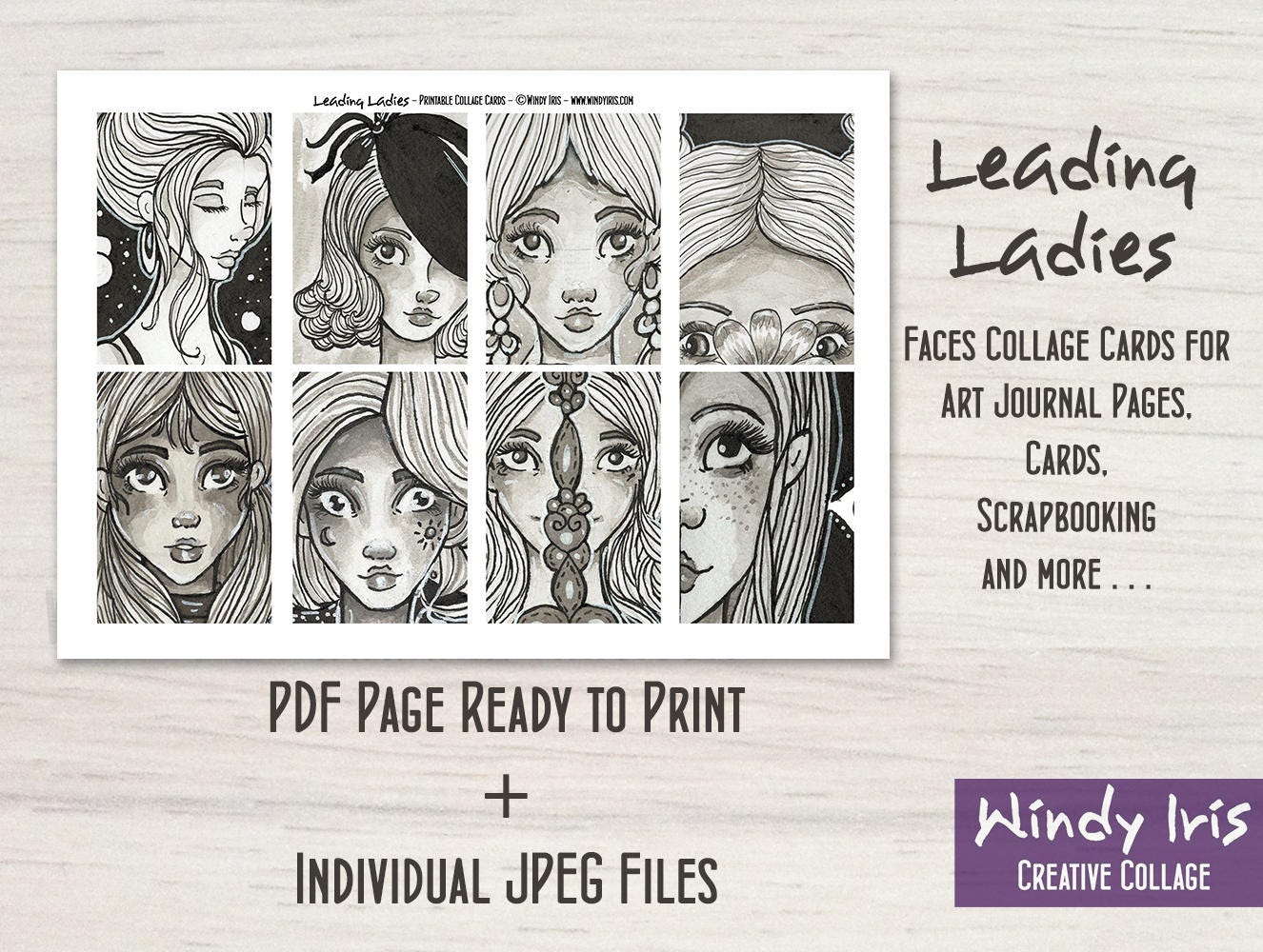Printable Collage Cards Sheet PDF of 8 Hand Drawn Grey Tone Girls Faces ...