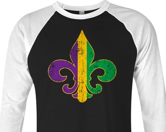 Adult**Mardi Gras with 3 Fleur de Lis purple green gold Adult LONG SLEEVE
