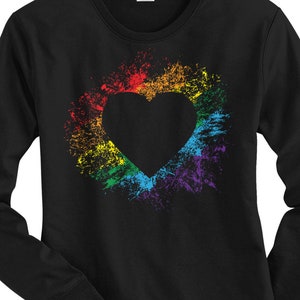 Rainbow Heart Women&#39;s Long Sleeve T-Shirt - Raw-Edge Raglan - Short Sleeve T-Shirt - V-Neck Fitted T-Shirt