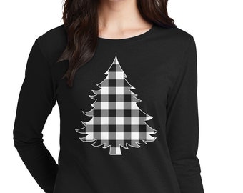 Weiß karierte Weihnachtsbaum - Damen Langarm T-Shirt