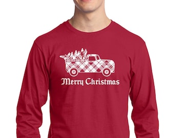Weiß karierte Lkw mit Tannenbaum - Herren Langarm T-Shirt