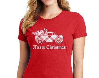 Weiße Karierte Lkw mit Tannenbaum - Damen Kurzarm T-Shirt