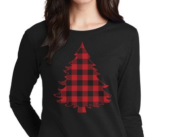 Red Plaid Christmas Tree - Women's Long Sleeve T-Shirt