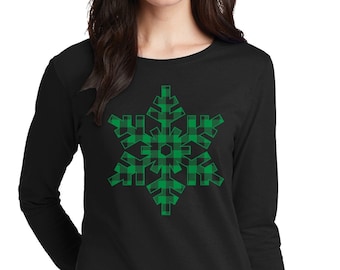Grün karierte Schneeflocke - Damen Langarm T-Shirt