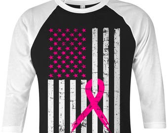 Pink Ribbon Breast Cancer Awareness Flag (Pink Stars/White Stripes) Unisex Adult Raglan T-Shirt