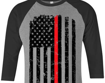 Thin Red Line American Flag Unisex Adult Raglan T-Shirt Firefighter Support