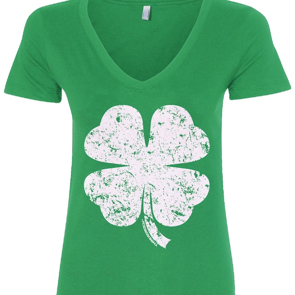 Distressed Four Leaf Clover Women's V-Neck Fitted T-Shirt Irish St. Patrick's Day Pride - TA_00078