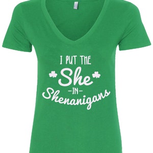 I Put The She In Shenanigans Women's V-Neck Fitted T-Shirt Irish St. Patrick's Day Shamrock - TA_00102