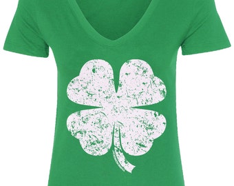 Distressed Four Leaf Clover Women's V-Neck Fitted T-Shirt Irish St. Patrick's Day Pride - TA_00078