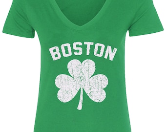 Boston Shamrock Irish Pride Women's V-Neck Fitted T-Shirt St. Patrick's Day - TA_00098