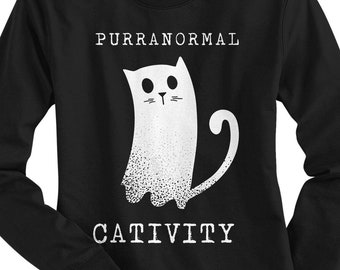Purranormale Cativity Ghost Cat Damen Langarm T-shirt - Raw-Edge Raglan - Kurzarm T-shirt - V-Ausschnitt ausgestattet T-shirt