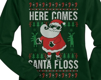 Here Comes Santa Floss Ugly Christmas Sweater Women's Long Sleeve T-shirt - Raw-Edge Raglan - Short Sleeve T-shirt - V-Neck Fitted T-shirt