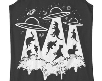 Dinosaur Alien Abduction Women's Racerback Tank Top - Burnout Racerback Tank Top - Junior Fit Tank Top