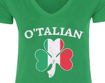 O'Talian Italian Irish Shamrock Women's V-Neck Fitted T-Shirt - Raw-Edge Raglan