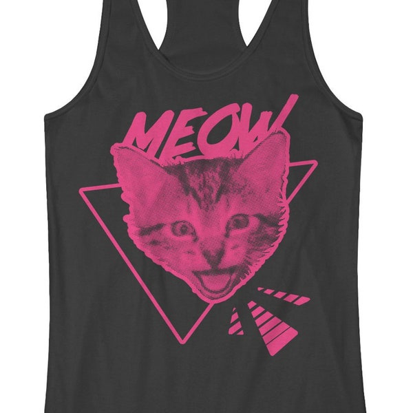 80's Neon Cat - Funny 1980s Cat Lover Women's Racerback Tank Top - Burnout Racerback Tank Top  - Junior Fit Tank Top