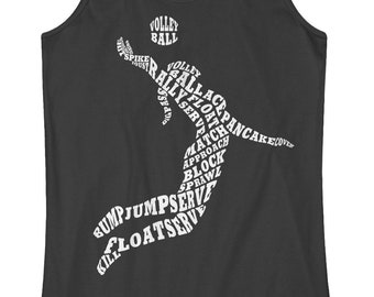 May include: A dark gray tank top with a white silhouette of a volleyball player. The silhouette is made up of words related to volleyball, such as "spike", "serve", "bump", and "float".