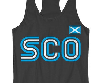 May include: A dark gray tank top with a blue and white "SCO" graphic and a small blue and white Scottish flag on the right side.