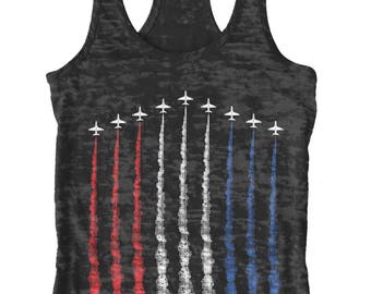 Red White Blue Air Force Flyover Women's Burnout Racerback Tank Top Proud American Independence Day Airplane Show