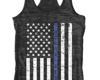 Honor & Respect Thin Blue Line Flag Women's Burnout Racerback Tank Top Police Officer Pride Serve Protect United States of America