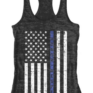 Honor & Respect Thin Blue Line Flag Women's Burnout Racerback Tank Top Police Officer Pride Serve Protect United States of America
