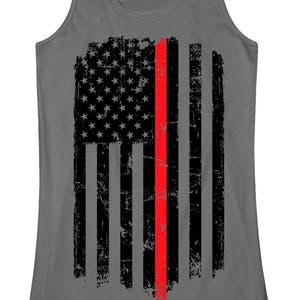 Thin Red Line American Flag Women&#39;s Racerback Tank Top - Burnout Racerback Tank Top - Firefighter Support