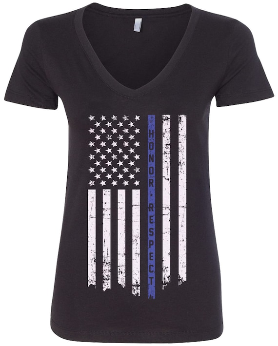 Honor Respect Thin Blue Line American Flag Women's V-neck Fitted