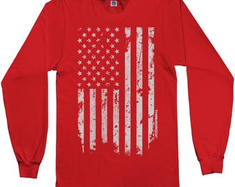 H HYFOL Men's USA Flag Graphic Long Sleeve T-Shirt - 100% Cotton Patriotic Tee (Savvy Red, 4XL)